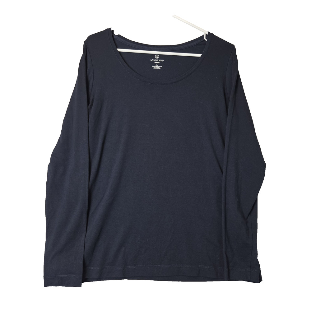 Lands' End Shaped Navy LS Round Neck Cotton Tee Shirt Top Women's Large Stretch